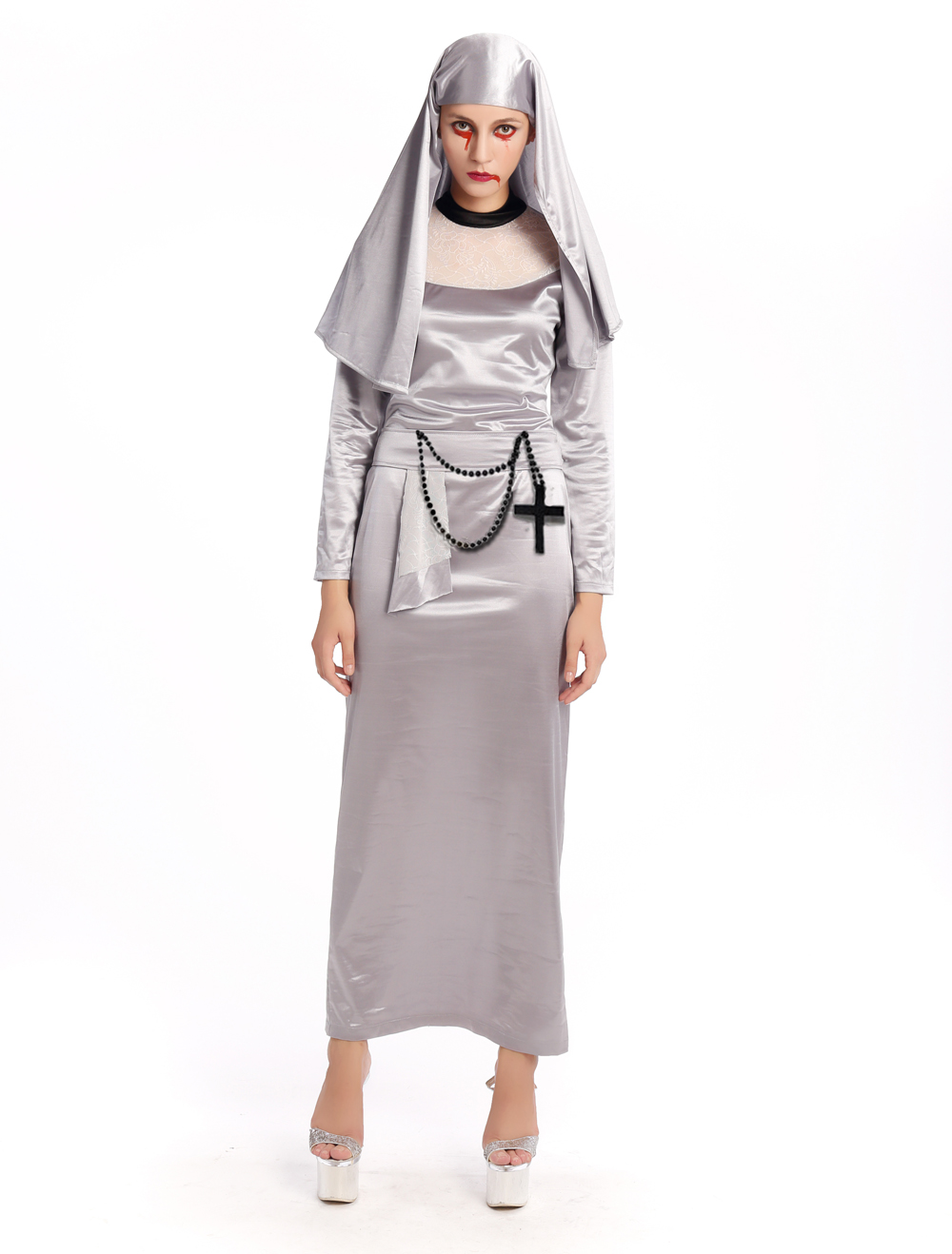 F1694 silver zombie nun costume.it comes with headband,dress,cross